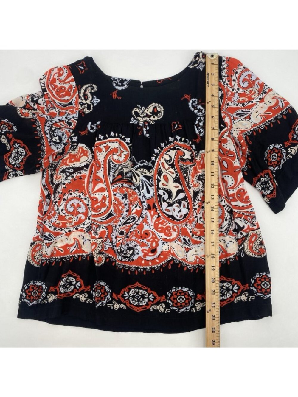 LOFT Women's Size M Red Paisley Blouse Flare Sleeves Rayon Boho - Picture 4 of 10